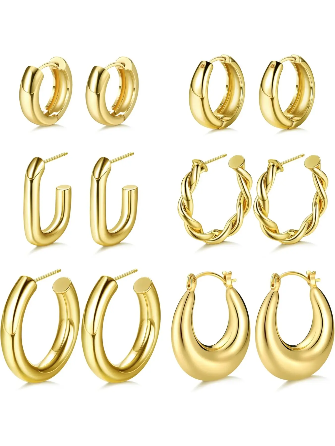 Gold Creole Set for Women 14K Gold Plated Fashion Earrings Lightweight Clumsy Creole Thick Open Twisted Huggie Hoop Jewelry Gifts