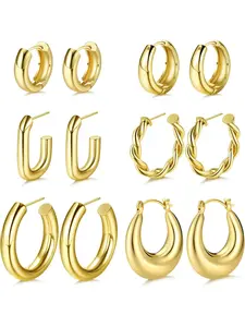 Gold Creole Earring Set for Women 14K Gold Plated Lightweight Clumsy Creole Thick Open Twisted Huggie Hoop Jewelry Gifts