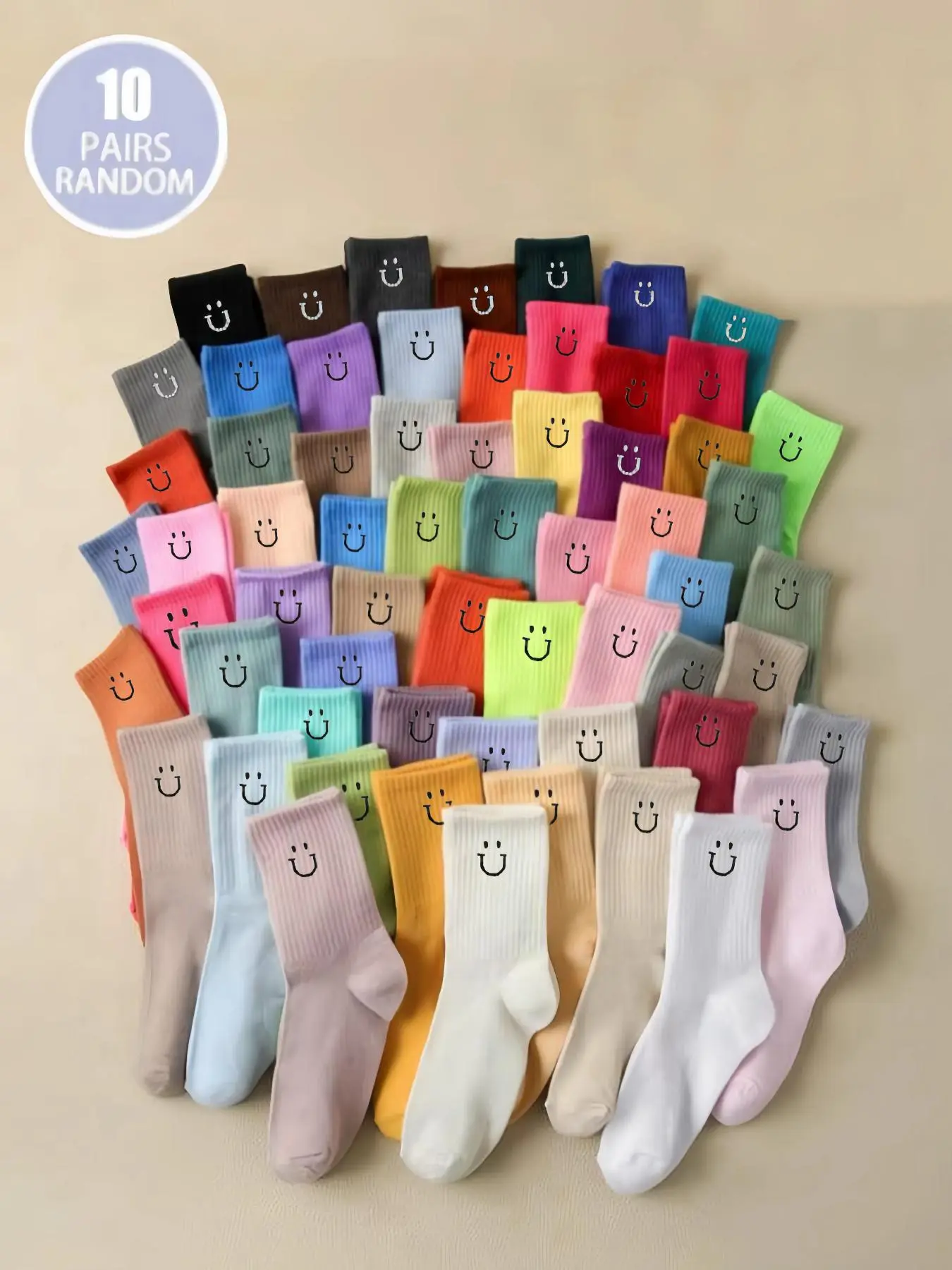 Random Color Women's Smile Face Print Mid-calf Socks, Casual Comfortable Breathable Soft Socks for Daily Wear, Women's Socks for All Seasons