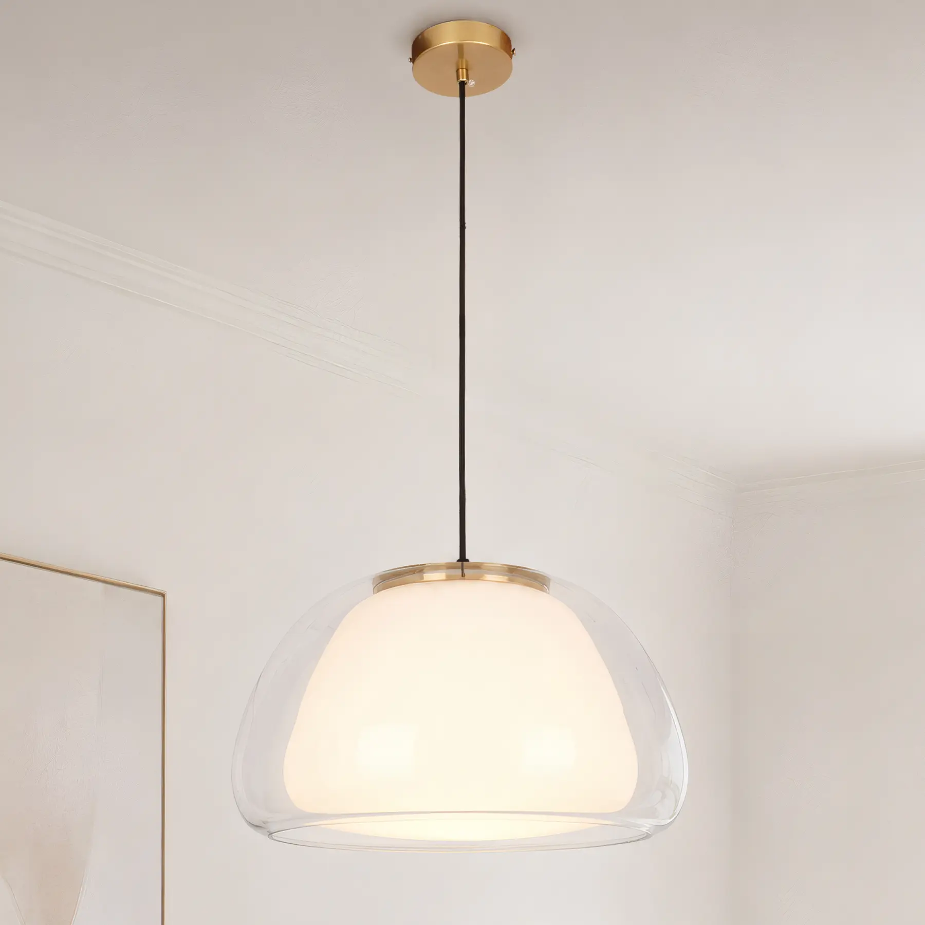 15.7 Inch Modern Jelly Glass Pendant Light, Brass Adjustable Cord Double Layer Glass Shade, E26 Single Light Hanging Lamp for Kitchen Island Dining Table Bedroom