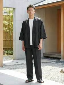 Men's New Traditional Casual Seven-Quarter Sleeve Kimono Robe Coat, Loose Fit Summer Thin Sun Protection Jacket, Solid Color Open Closure