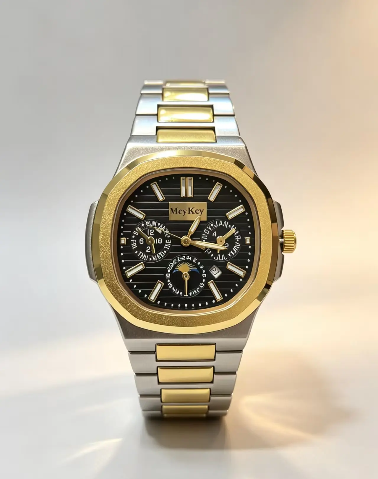 McyKcy 2-Tone Octagonal Luxury Men’s Business Quartz Wristwatch with Moon Phase & Multi-Calendar Function