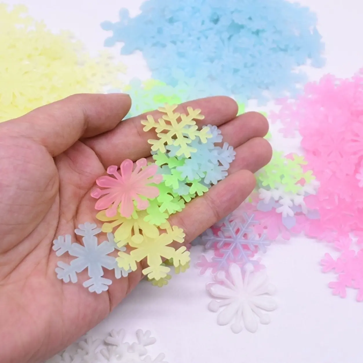 100 Pack - Multi-Color Glow In The Dark Snowflakes. Great For Christmas. Decoration, Decor, Gifts