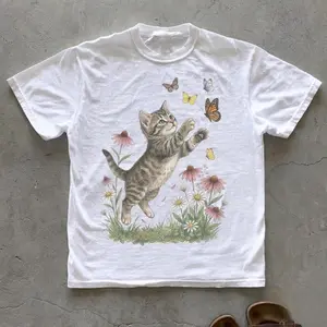 Comfort Colors Vintage Cute Kitten Butterfly 90s Graphic Tshirt, Retro Cottagecore Spring Flowers Unisex Shirt, Minimailist item