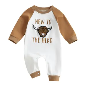 Western Baby Boy Clothes New to The Herd Cow Boy Jumpsuit Long Sleeve Romper Onesie Infant  Fall Outfit