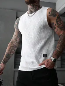 Men's Jacquard Knit Textured Tank Top, Muscle Fit Sleeveless Shirt with Diamond Pattern, Breathable & Stretch Fabric, Crew Neck Gym Vest for Streetwear, Workout & Casual Outfits, One Top Multiple Styles All-Season Essential