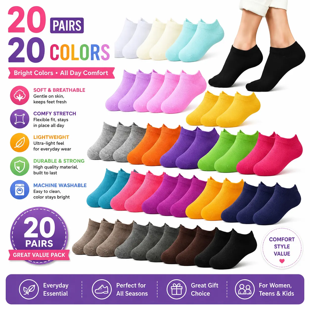 Women's Low-Cut Ankle Athletic Socks - 20 Pairs, 20 Colors, Polyester, Casual, Comfortable, Breathable, Ankle Length