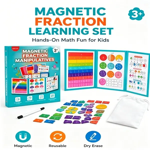 Magnetic Fraction Math Teaching Tool Set - 1 Foldable Fraction Tiles & Circles, Colorful Visuals Learning Fun Aid for Ages 3+ Elementary Students, School & Homeschool Office Educational Supplies