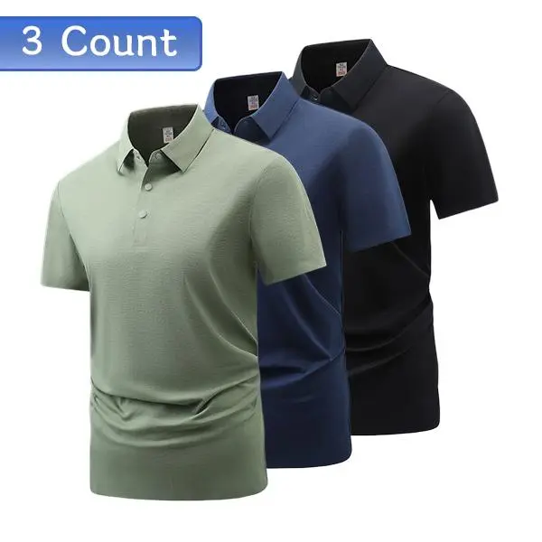 Men’s Classic Fitted Solid 3-Pack Quick-Dry Polo Shirts Set - Polyester Moisture-Wicking Shortsleeve Fabric, Turn-Down Collar, Button Front, Lightweight Breathable Menswear Tops for Business Commuting, Golfing (XXS)