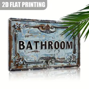 2D Flat, 12x8 Inch Distressed Retro Vintage Bathroom Sign - Rustic Aluminum Wall Decor, Bathroom Decorations, with Scrollwork, Perfect for Farmhouse, Bedroom Aesthetics, Unique Gift Idea for Anniversaries, Christmas, Birthdays