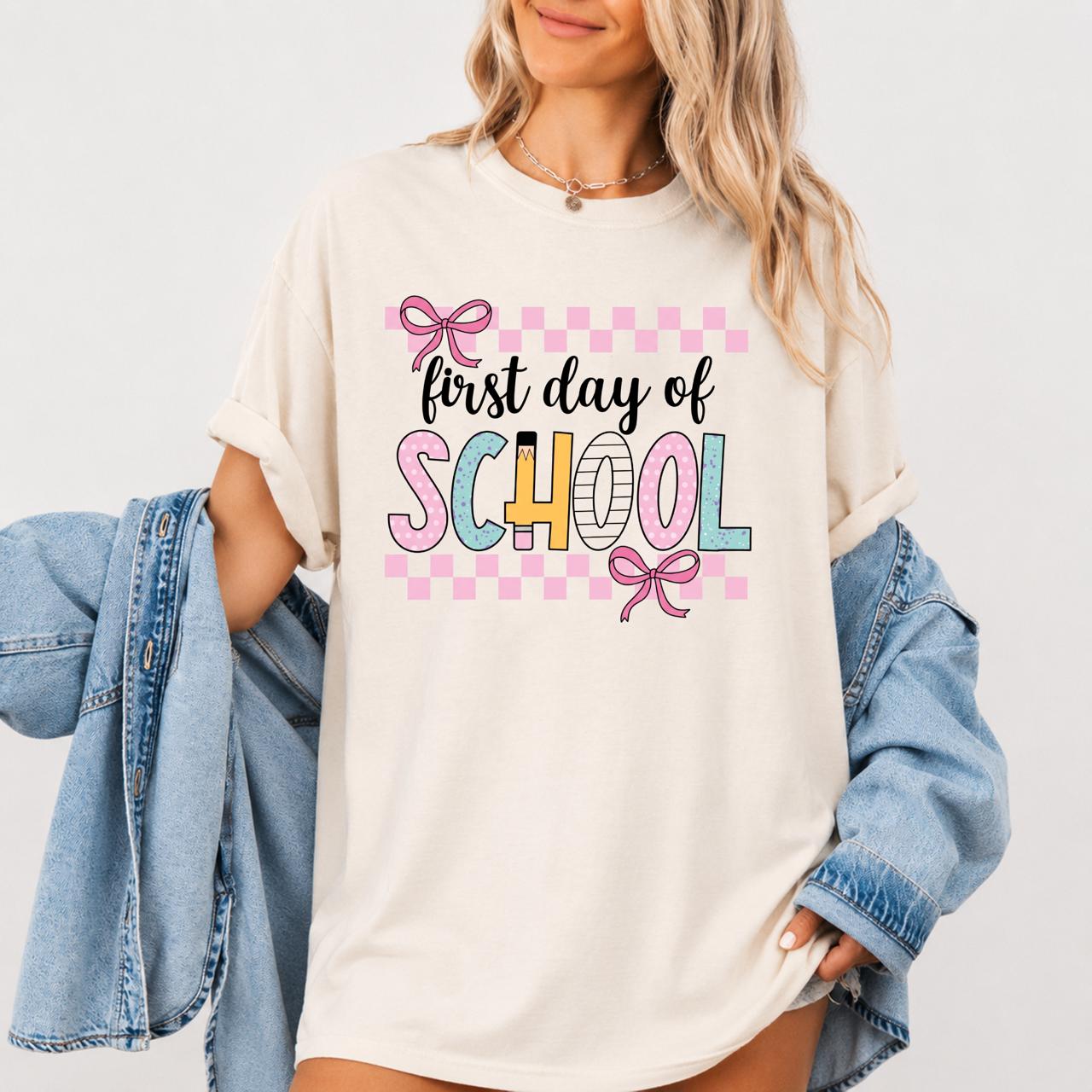 First Day Of School Comfort Colors T-Shirt, Coquette Bow Teacher Tee, Cute Back To School Teachers Shirt, Colorful School Graphic Tee, Student Teacher Classroom Outfit