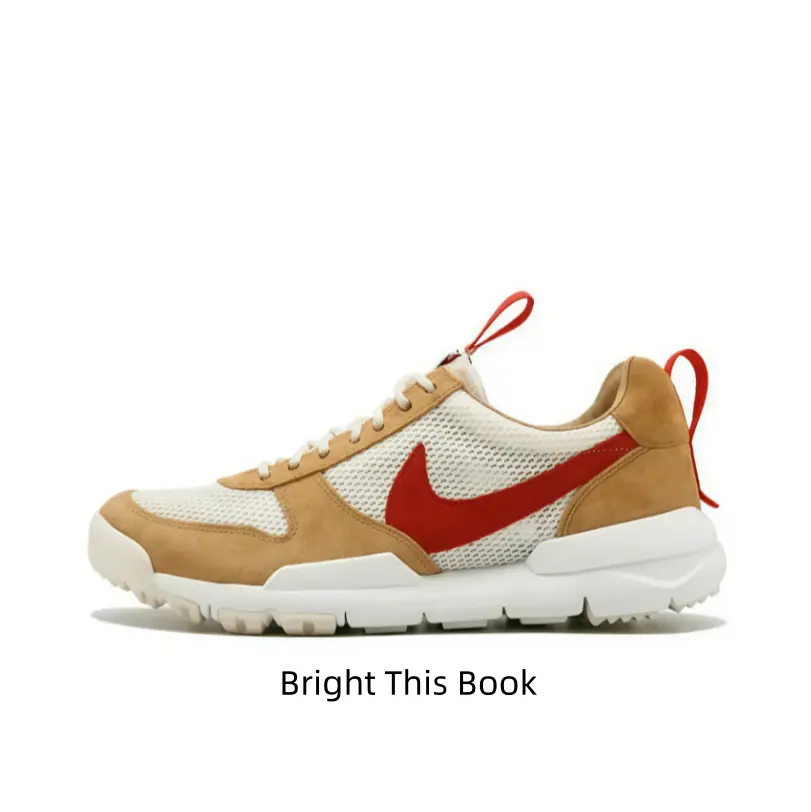 Wheat Suede White Mesh Retro Low Top Trail Sneakers Bright Red Logo & Pull Tabs Chunky White Segmented Cushion Outsole Anti Slip Rugged Traction Trainer Unisex For Hiking City Walk Daily Casual