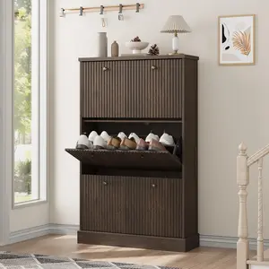 Walnut Shoe Cabinet with 3 Flip Drawers, Fluted Hidden Shoe Storage Cabinet for Entryway, Narrow Freestanding Wooden Shoe Cabinet with Adjustable Shelves, Holds 18-24 Pairs