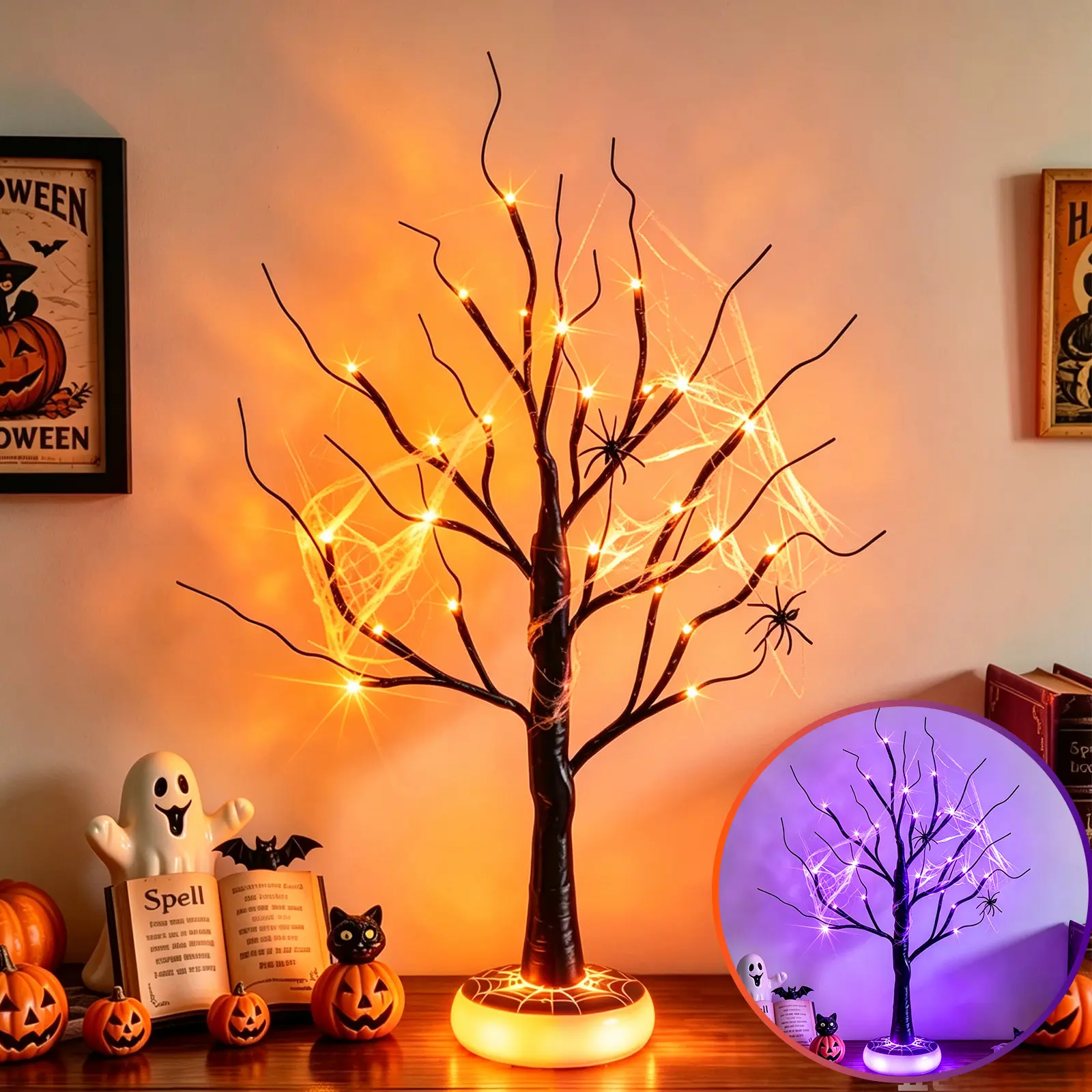 EAMBRITE Halloween Tree Halloween Decorations Indoor Lighted Black Spooky Tree 2Ft | Light Up Tree with Orange & Purple 24 LED Lights with Spider & Web USB Powered Timer Table Centerpieces for Home Room Decor
