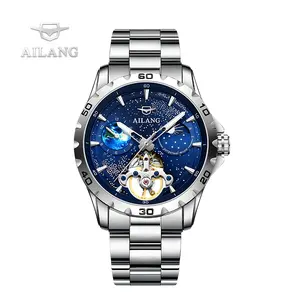 Elegant Round Dial Skeleton Design Mechanical Automatic Watch with Luminous Hands and 24-Hour Moonphase, Fashion Waterproof Watch, Stylish Gift