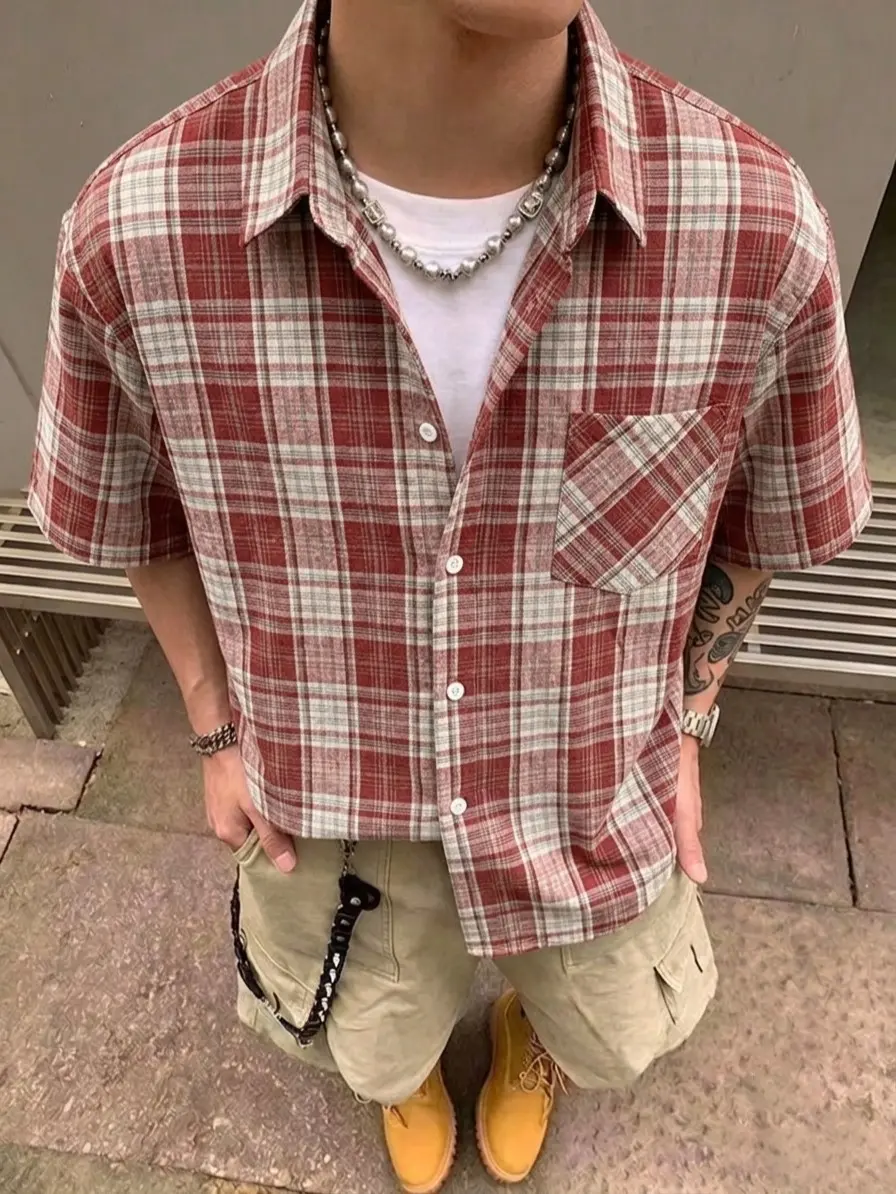 Cotton textured plaid short-sleeve shirt · Relaxed vacation vibe men’s top · Lightweight, breathable button-up shirt with seaside aesthetic style · Perfect for summer vacations and casual beach looks #vacationoutfit #mensfashion #seasideaesthetic