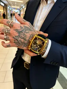 Bucket Watch Steel Hollow Mechanical Watch, Multi-Function Moon Star Design, Automatic Winding Tourbillon, Leather Strap, Elegant Business Style