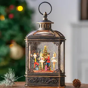 Christmas Snow Globe Lantern Water Glittering Nutcracker Ballet Stage with Music & Timer USB Lined/Battery Operated Lighted Lantern for Christmas Festival Decoration Gifts