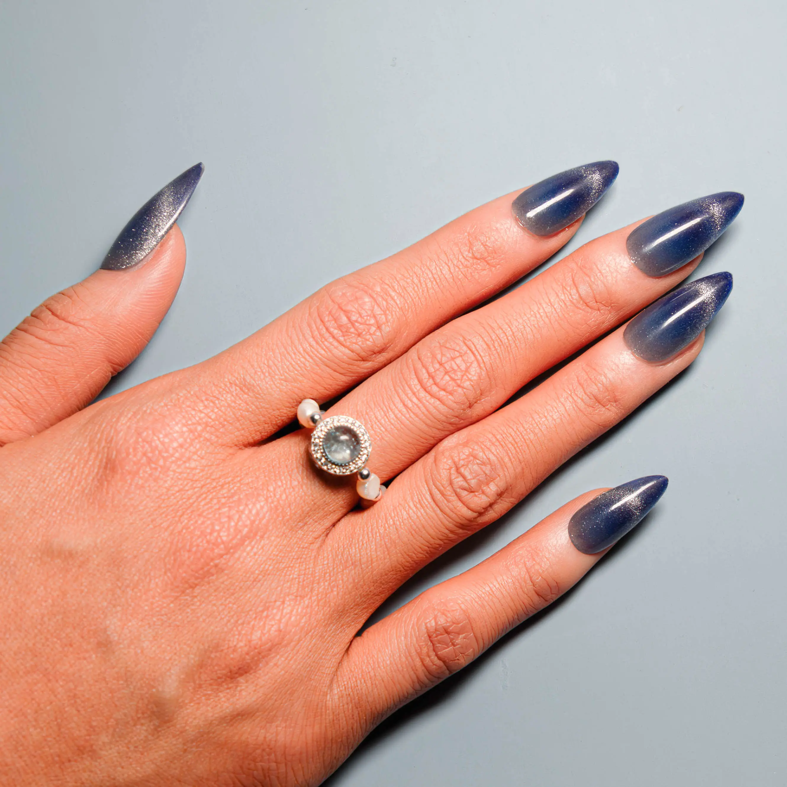 EMMABEAR Press on Nails with Cat Eye Design – Blue Star | Almond, Glossy, Waterproof Reusable Kit That Lasts Over 2 Week | 24 PCS with Glue,  Glue, File, and Nail bag