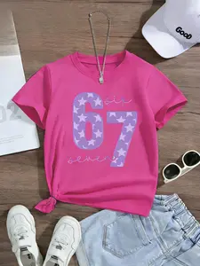 Girls' Casual Round Neck Short Sleeve T-Shirt, Elastic Fabric, Sports & Leisure Wear, Outdoor Indoor Activities, Fashionable Kids Clothing