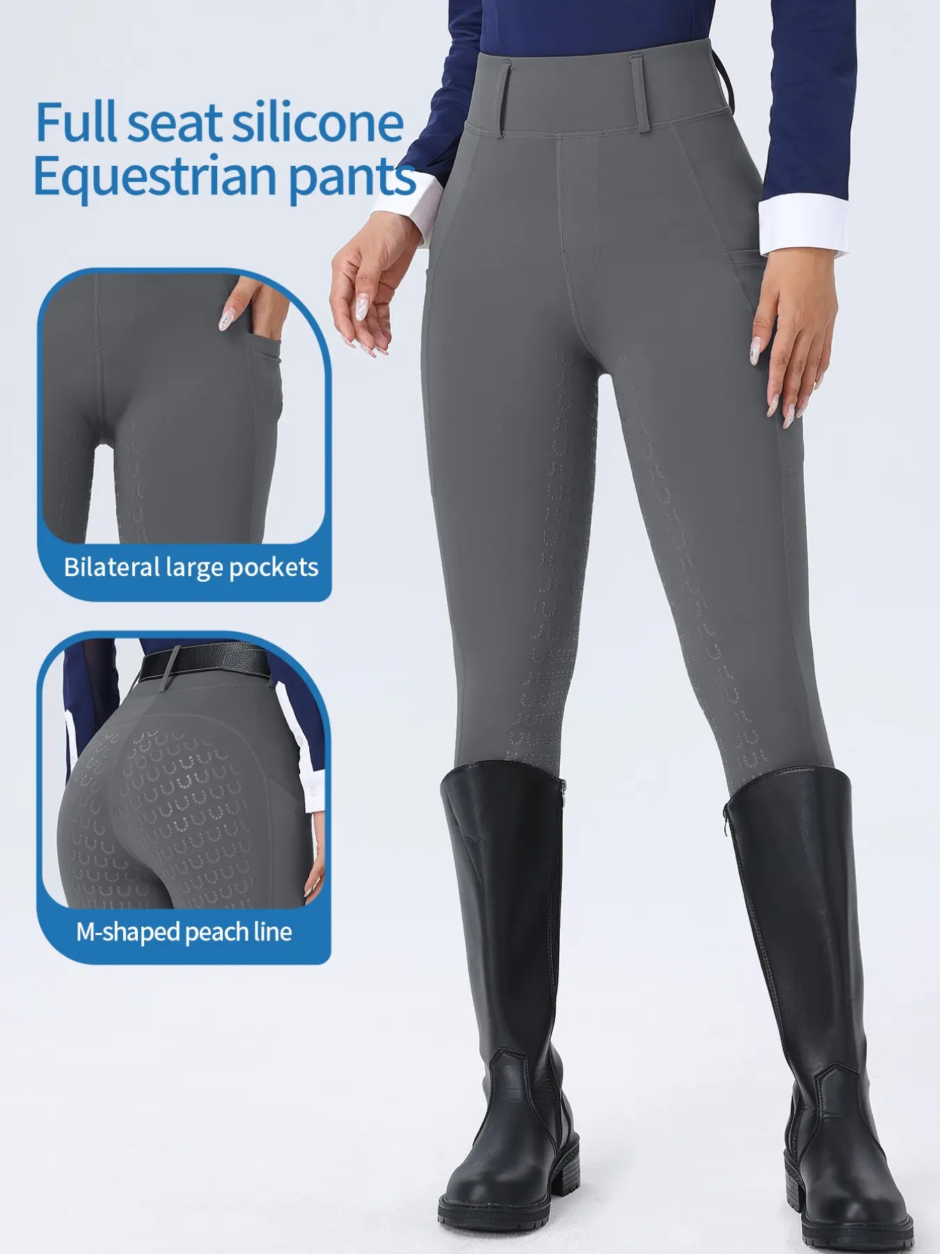 Women's Equestrian Sport Tight Pants, Sports Wear, Side Pockets, Anti-Slip Silicone, High-Waisted, Breathable, Quick-Dry, No Belt Included