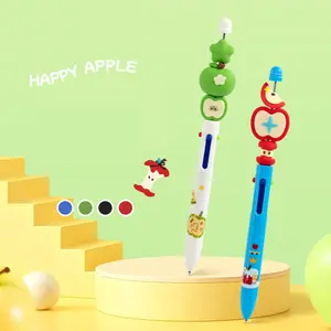 2 simple four colour ballpoint pens with apple patterns, multicoloured cute bead theme, unique neutral pens, minimalist style, smooth, non stop ink, quick drying, DIY study office writing large capacity black neutral pen