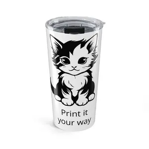 20oz Portable Black and White Kitten Illustration Tumbler, Cute Cat Art Kitchenware, Portable Reusable Drinkware Accessories