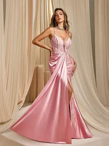 Blush Pink Spaghetti Strap Mermaid Evening Gown Embroidered Bodice Draped Waist High Slit Formal Event Dress Spring Collection