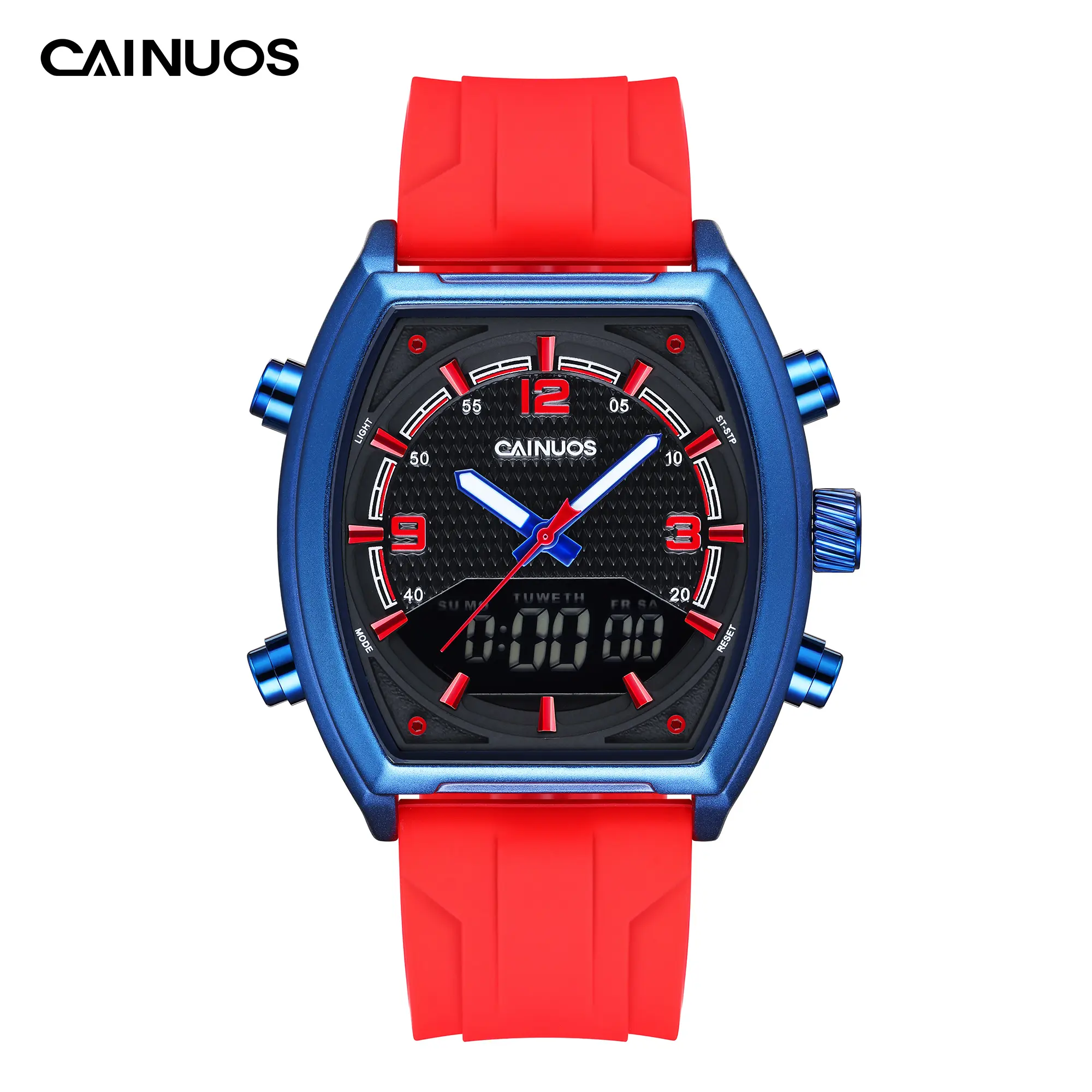 CAINUOS 8008 Men's 43mm Tonneau Dial Sport Look Watch, Analog-Digital Dual Display Quartz Wristwatch, Luminous Date Chronograph Alarm Dual Time, Durable Soft Silicone Band Casual Outdoor Timepiece for Gentlemen