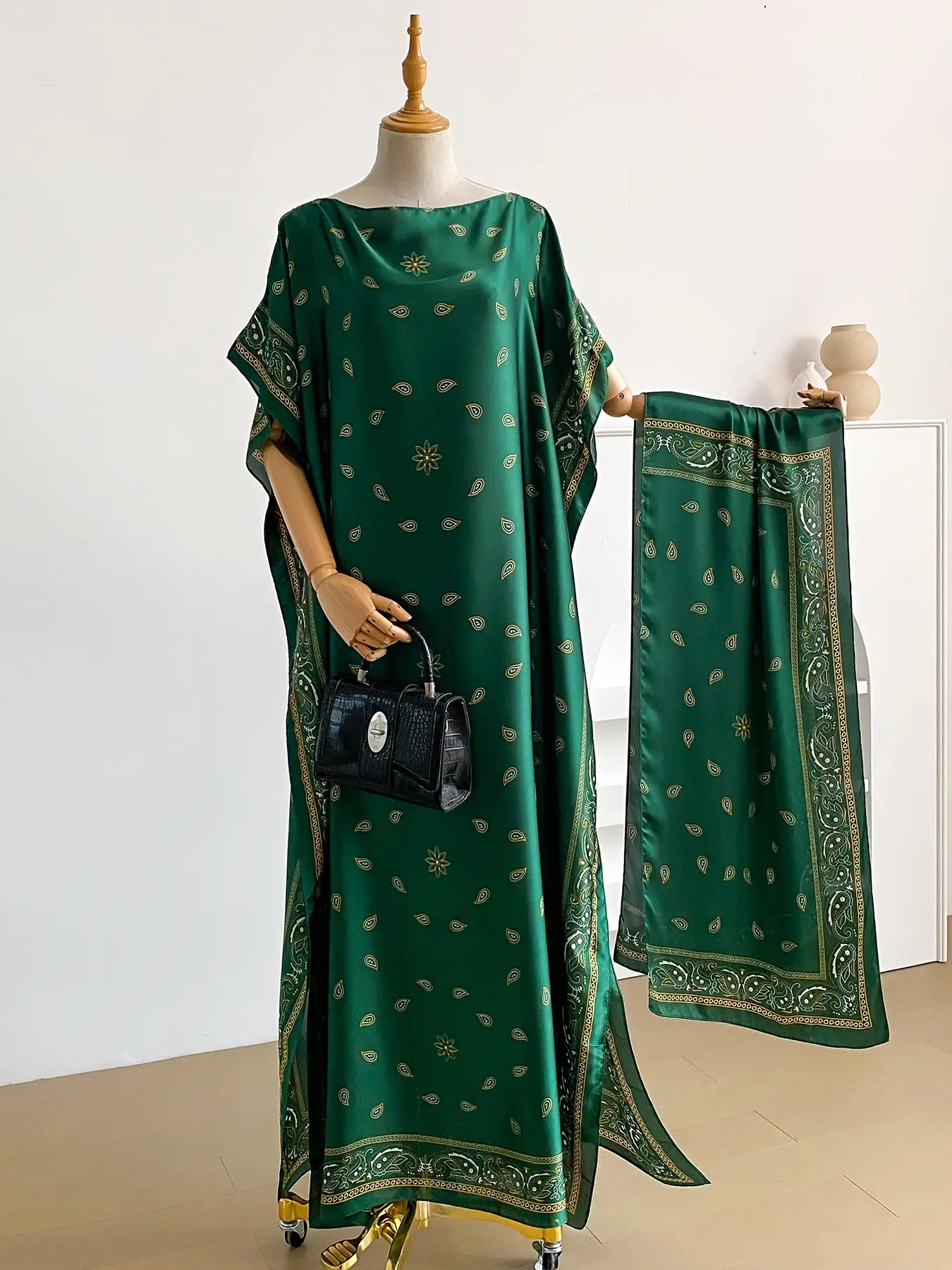 Women's Casual Boho Bohemian Almond Floral Print Long Robe Set with Scarf, Casual Woven Fabric, Thin Design, Perfect for Beach Decoration & Daily Wear