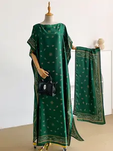 Women's Casual Boho Bohemian Almond Floral Print Long Robe Set with Scarf, Casual Woven Fabric, Thin Design, Perfect for Beach Decoration & Daily Wear