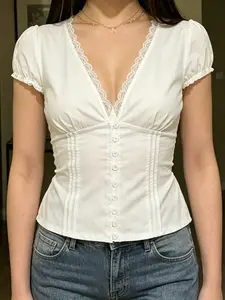 V Neck Lace Patchwork French Style Blouse for Women Womenswear, Elegant Chic Buttons Up Y2K Solid Cropped Tops Shirts Fitted Button Front, Fashion Short Sleeves Streetwear Summer Outfits Casual Basic Top