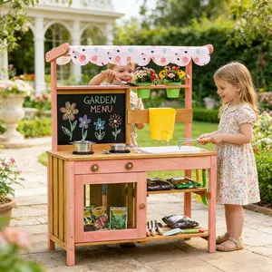Wooden Play Kitchen Kids Mud Kitchen with Chalkboard Garden Menu and Storage Shelves for Creative Play