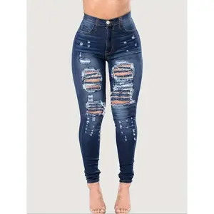 Plus Size Pocket Button Ripped Jeans, Washed Denim Faded Jeans for Women, Casual High Rise Tight Pants for Daily Wear, Women's Bottoms for All Seasons, High Waisted Denim Womenswear Basic