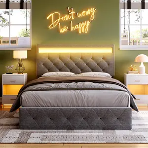Queen Size Bed Frame with LED Lights & Charging Station, Upholstered Adjustable Headboard, Heavy Duty Wood Slats, No Box Spring Needed, Gray