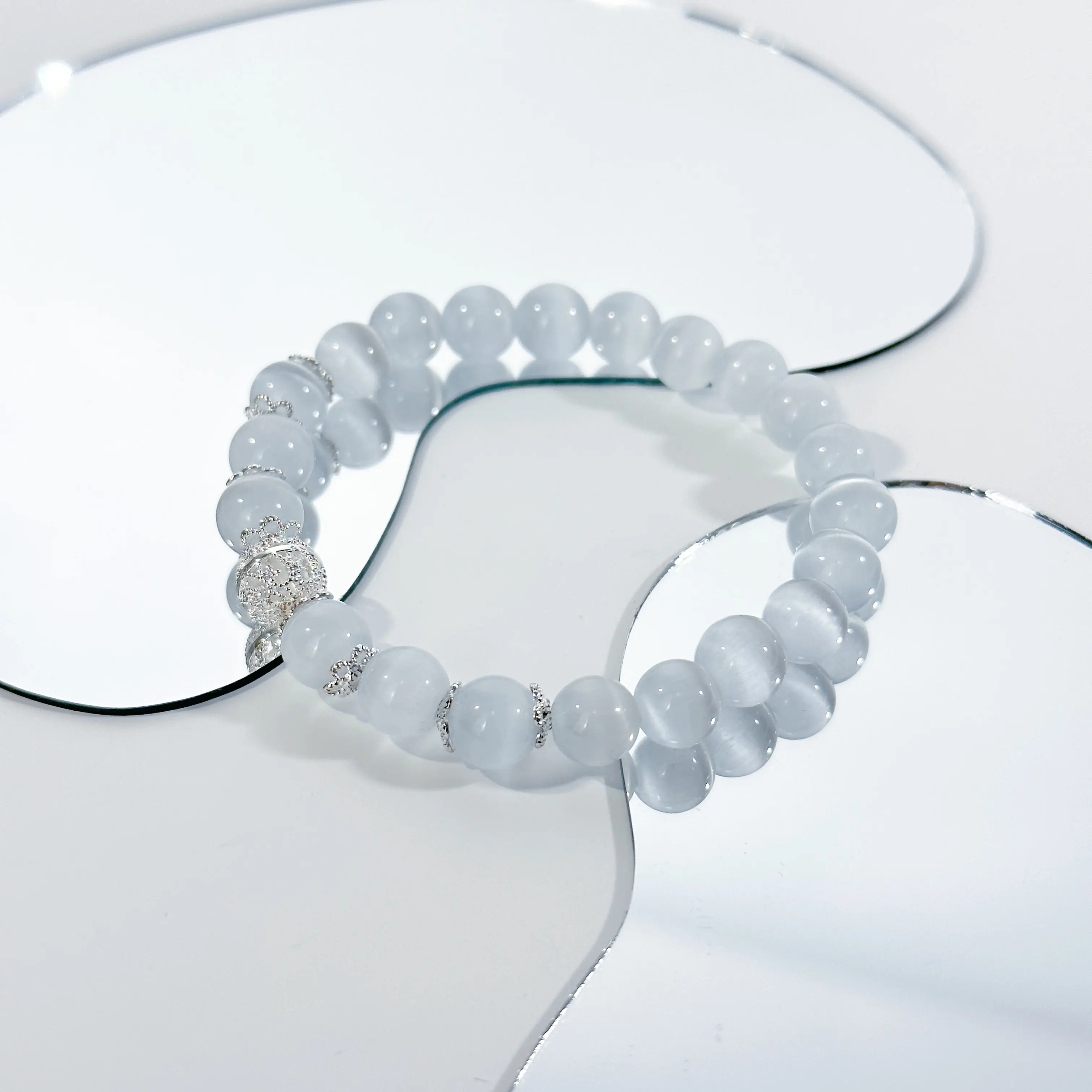 Women's Healing Bracelet - Adjustable Stretch White Cat's Eye Stone Bracelet - Healing Prayer Crystal Bracelet, 8mm Natural Stone Stress Relief Yoga Beads, Wish You Get Well Soon