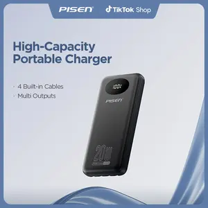 PISEN 3C Certified Power Bank - 10000mAh 20W Fast Charging Battery Pack with Built-in 4 Cable Smart LED Display Flight-Approved Portable Charger Travel Power Bank for iPhone, Samsung, iPad, Tablets