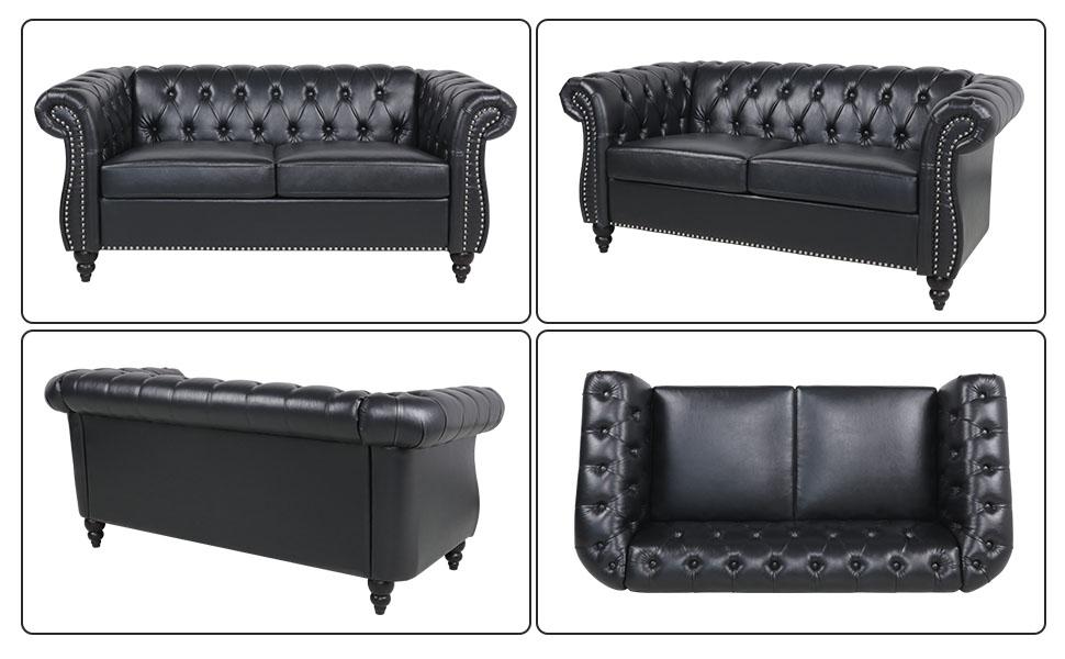 Giratree Chesterfield couple double sofa, two-seat sofa for living room with snap buttons, classic soft-covered sofa with snap buttons, modern mid-century style PU leather double sofa, couple sofa