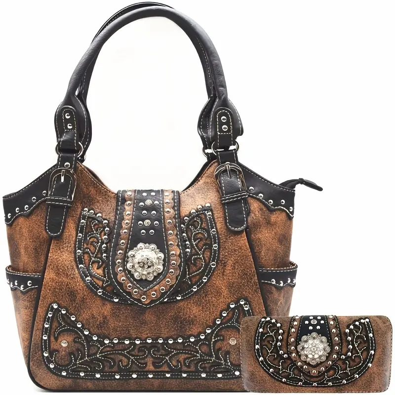 Women's Western Cowgirl Rhinestone & Concho Studded 2-Piece Handbag and Wallet Set - Brown, Zipper Closure, Suitable for Country Use, Equestrian Event Gift