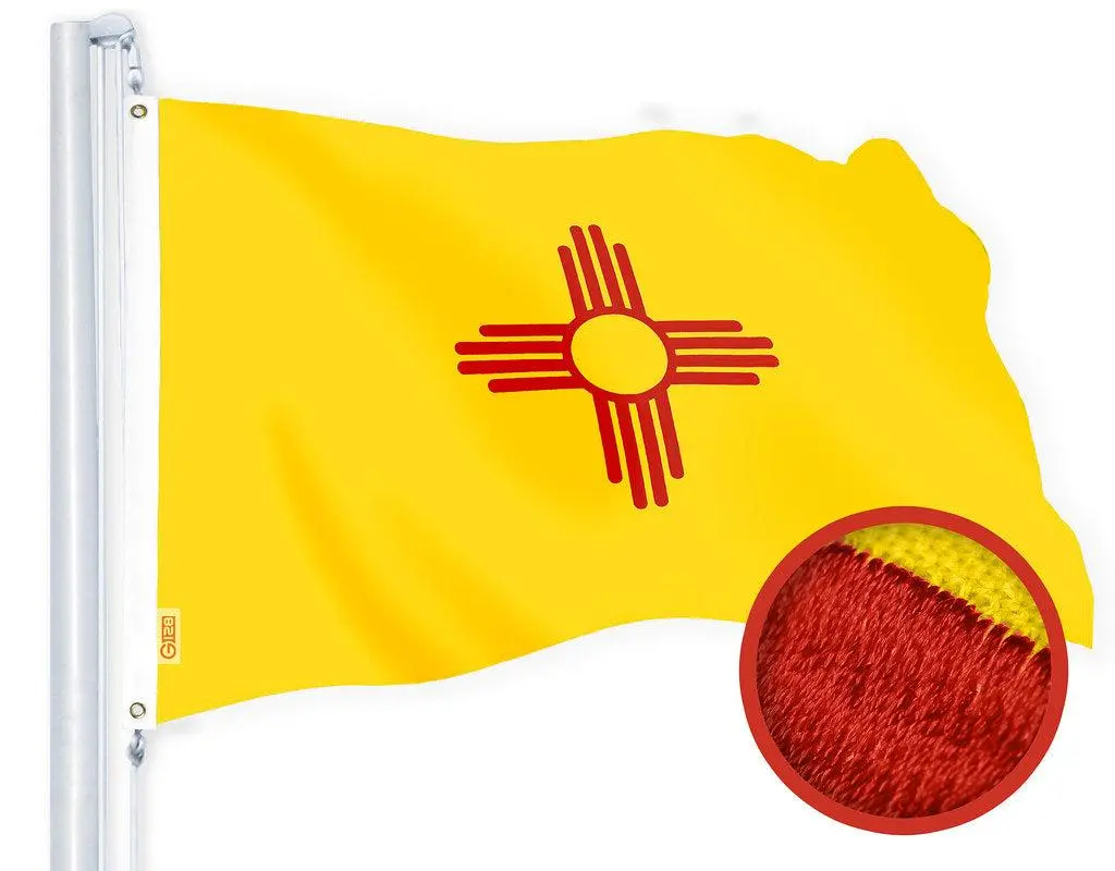 G128 New Mexico NM State Flag | 3x5 Ft | Embroidered 220GSM SPUN POLYESTER - Embroidered Stars, Sewn Stripes, Brass Grommets, Indoor/Outdoor, Vibrant Colors, Heavy Duty SPUN POLYESTER