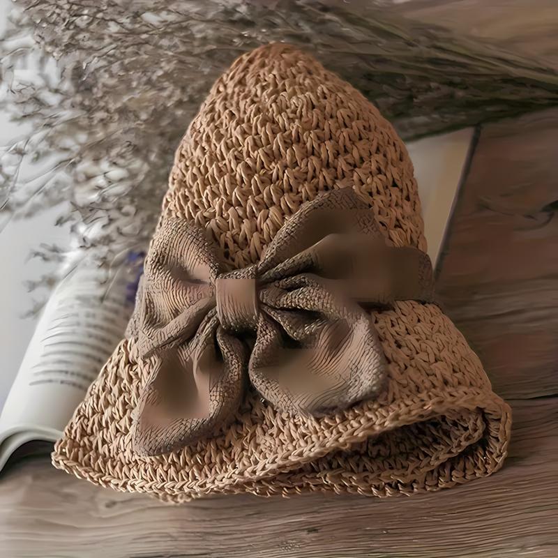 Vintage Woven Handmade Straw Hat with Ruffle Bow, Elegant French Style Sun Hat, Foldable & Breathable Beach Hat for Travel & Outdoor
