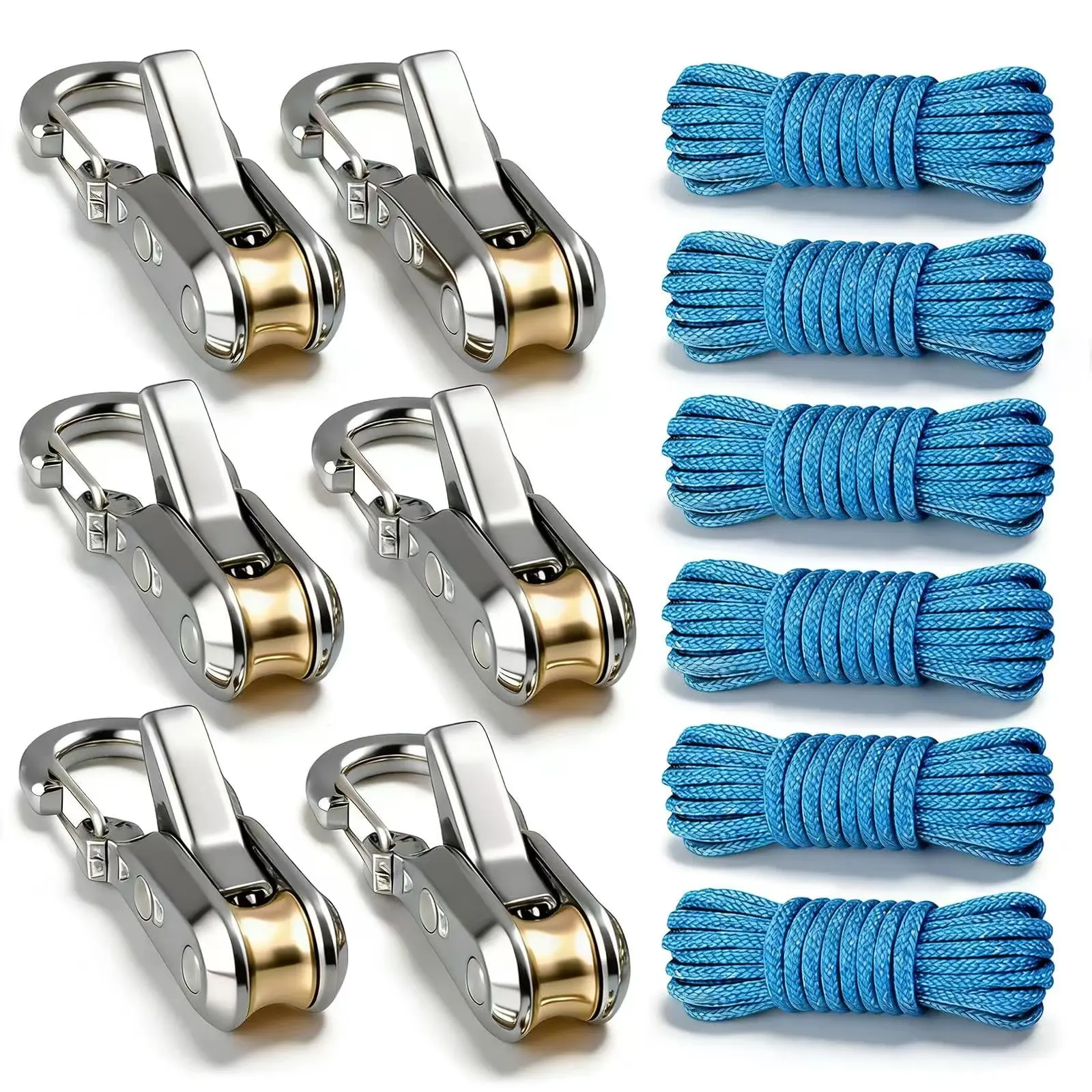 6-Pack Heavy-Duty Portable Rope Tensioner with Rollers, Para Tensioner Tie Down Tool for Outdoors, Camping, Durable Lightweight Design, Includes Reflective Carry Case