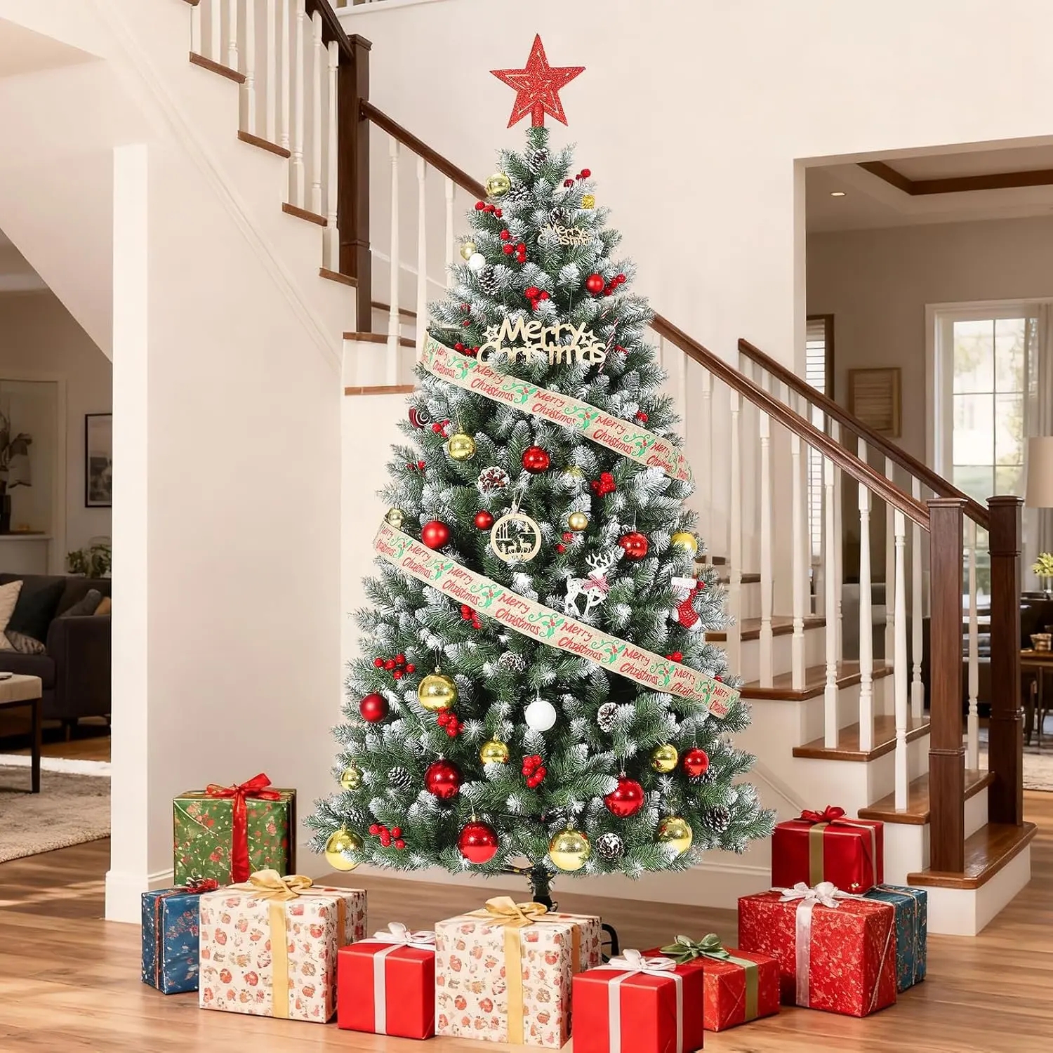 6FT Nostalgic Traditional Synthetic Christmas Tree - Secure, Residue-Free, Natural-Looking Pinecones, Berry Accents, Ornaments, Easy Setup, Metal Stand, No Maintenance - Indoor/Outdoor Living Room Holiday Decorative Christmas Decor (Home & Party Supplies)