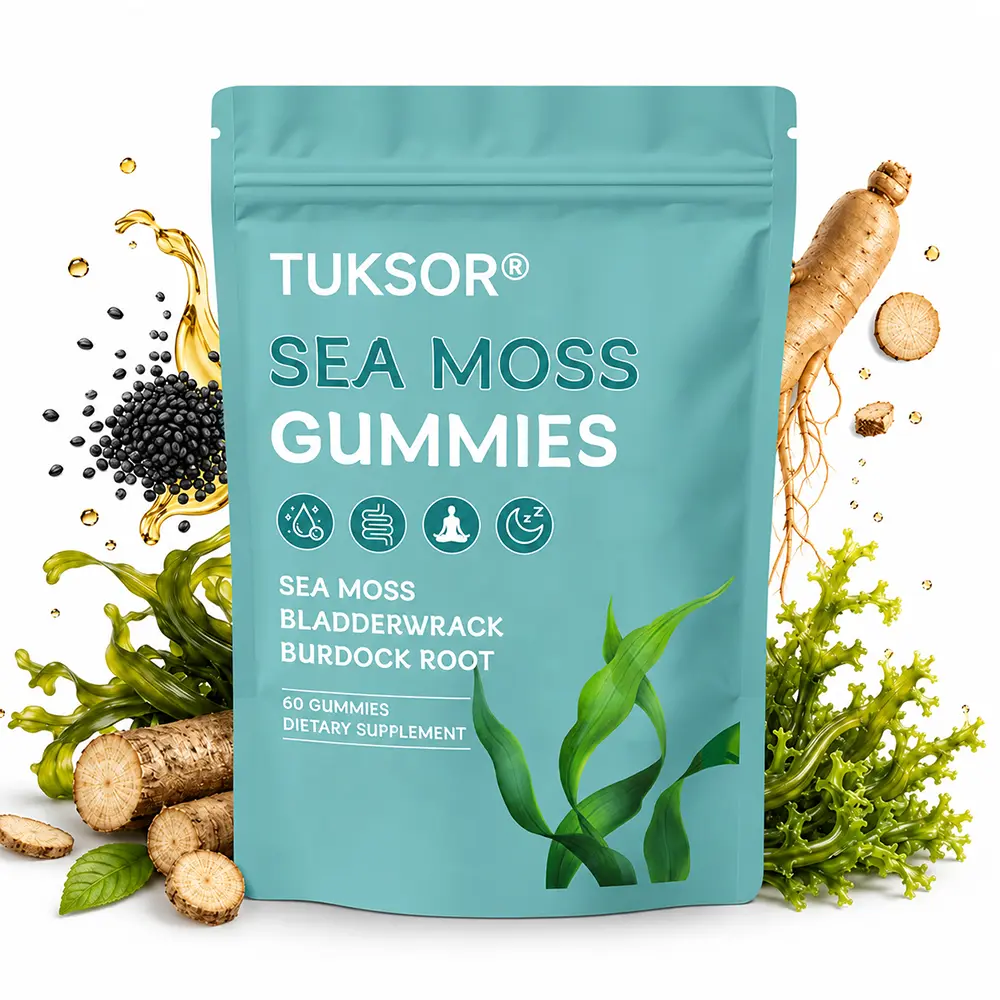 TUKSOR  Irish Sea Moss - 60 Gummies with Black Seed Oil, Ashwagandha, Bladderwrack - Chewable Natural Supplements for Adults - Gluten-Free, GMO-Free Dietary Supplement - Supports Gut Health (60 Count)