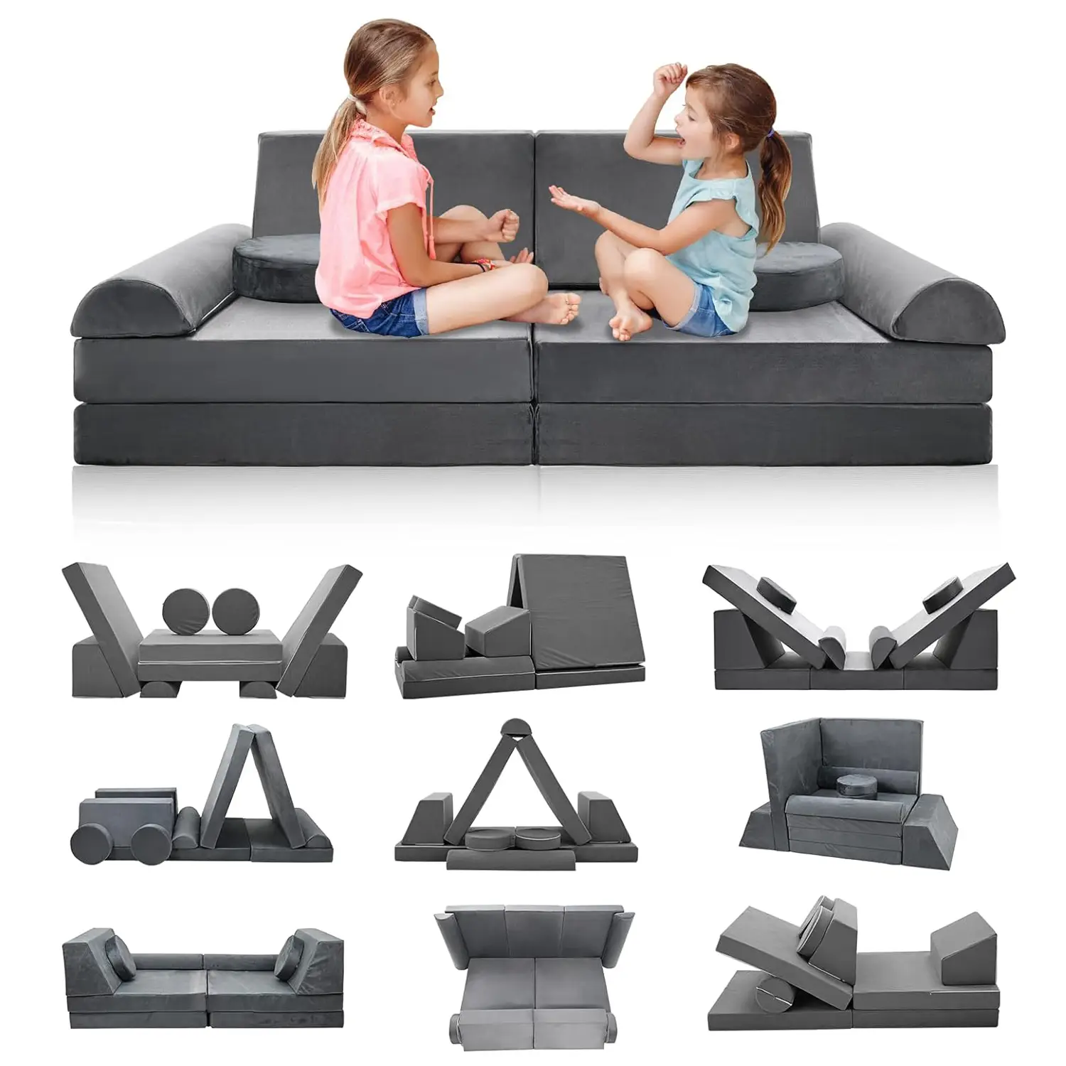 MOPHOTO Kids Couch Play Set, Modular Kids Sofa Couch Fold Out Couch Playhouse Play Set for Toddlers, Creative Couch Kids Foam Play Couch Indoor