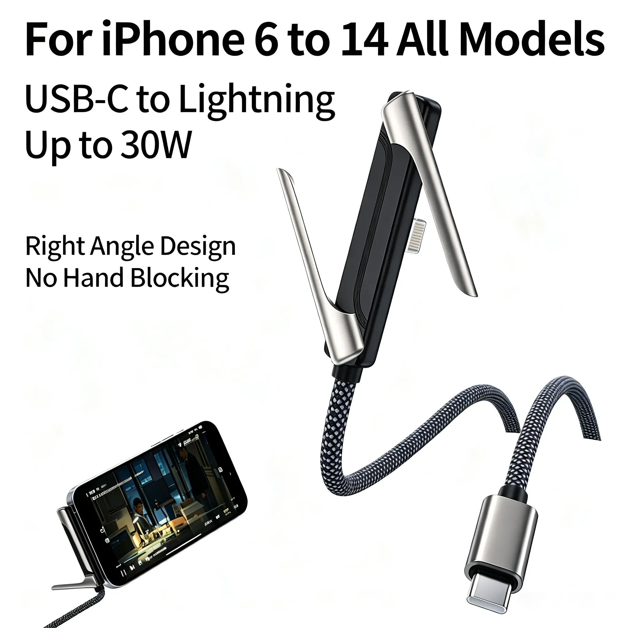 KAXOE 30W Fast Charging cable,USB-C to Lightning Right Angle cable,Gaming Cable Won’t Block Your Hands,Invisible Holder Charger Cable with Stand,For Phone Stand for iPhone 6-14 plus pro max,For you: Gaming,Office,Car,Cable with Built-in Stand.