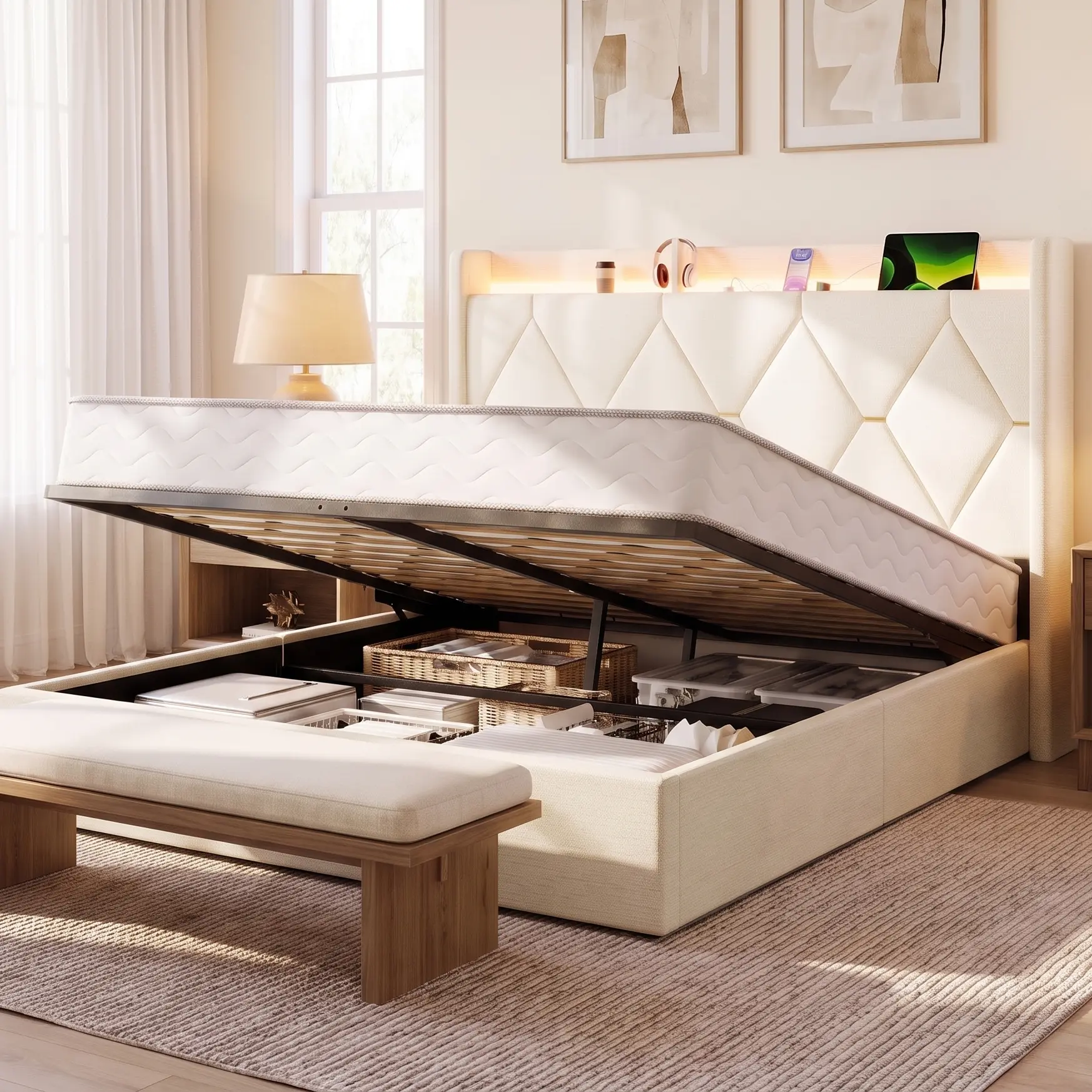 HOOMIC Beige Upholstered Hydraulic Storage Bed Frame, LED Wingback Headboard with Charging Station, Diamond Tufted Platform Bed, No Box Spring Needed, Full/Queen/King
