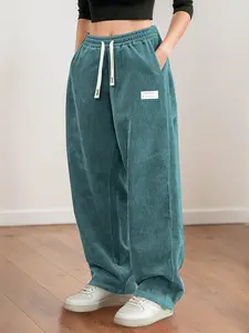 Women's Dark Green Corduroy 2-Piece Set - High-Waisted Drawstring, Loose Wide-Leg Casual Trousers for Home, Light Athletic Use - Smooth, Drapey, Minimalist Vibe Lady's Womenswear