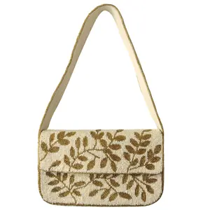 Ivory Gold Leaf Beaded Shoulder Bag