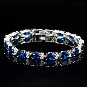 Korean Style AAA CZ Tennis Bracelet for Women, Luxury Blue Sapphire CZ Bangle, Elegant Wedding Jewelry Gift for Her
